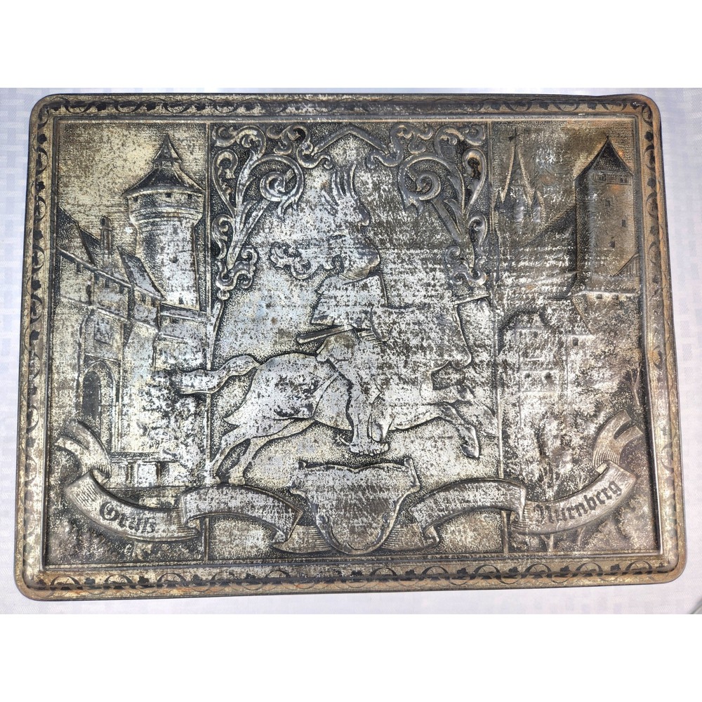 Vintage German Silver Tin Biscuit Box Knight Jousting Castles Horse History
